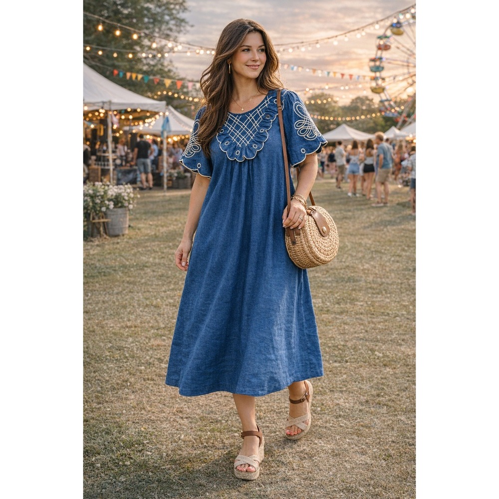 Innika Choo Blue Linen Embroidered Ruffle Bib Shift Dress Size 3‎ Large Pockets